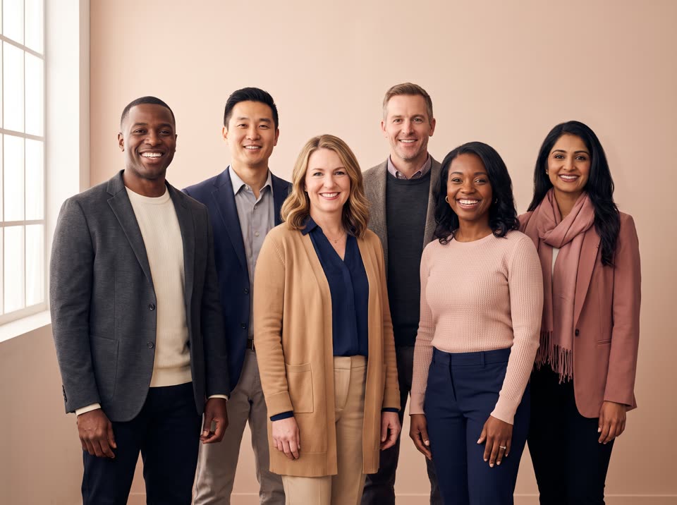 Six smiling professionals standing together